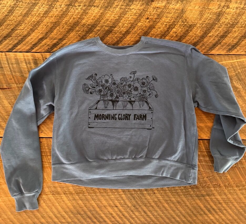 Morning Glory Farm “Flours” Boxy Faded Blue Jean Sweatshirt