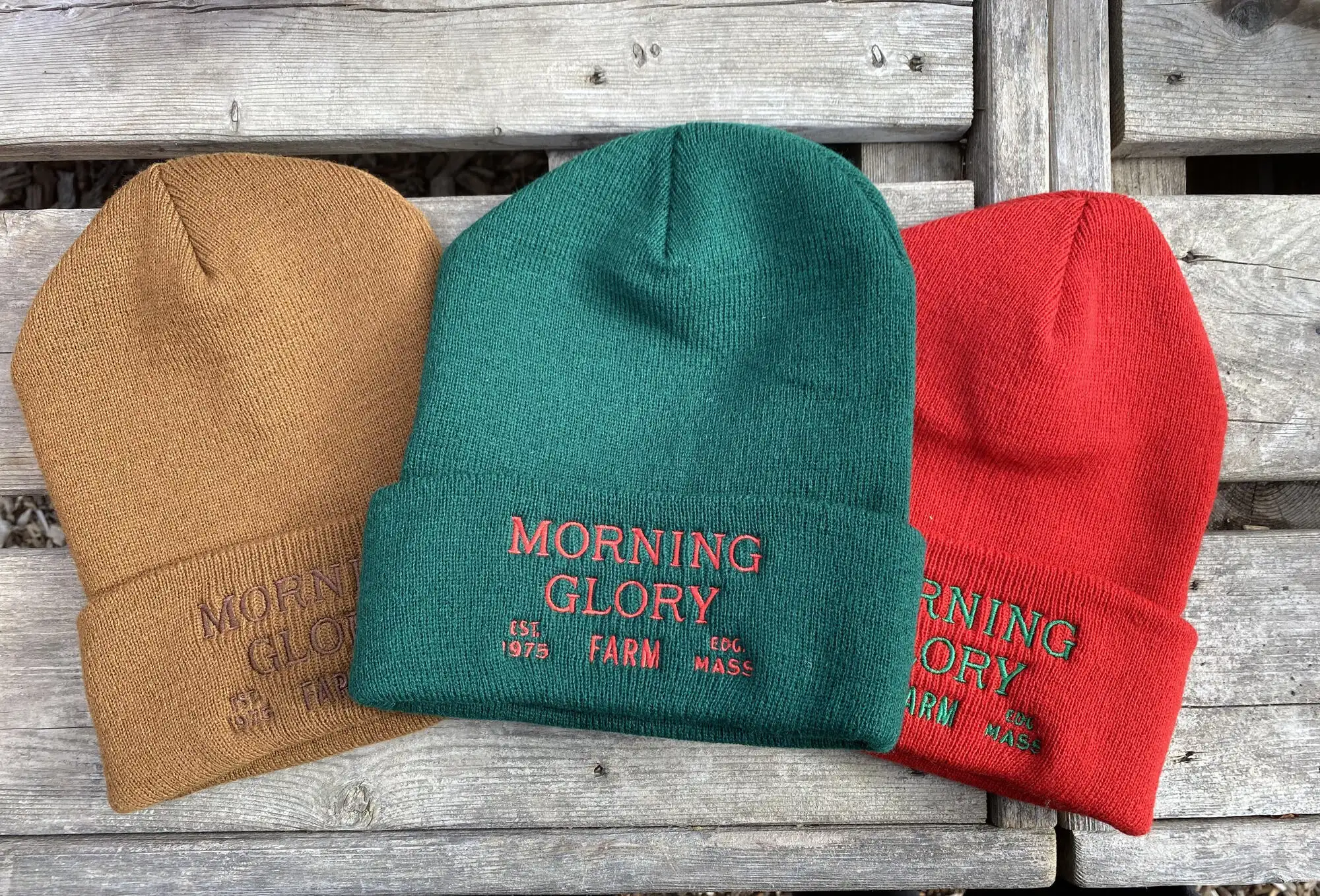 Morning Glory Farm beanie hats in tan, red, and turquoise from Martha’s Vineyard